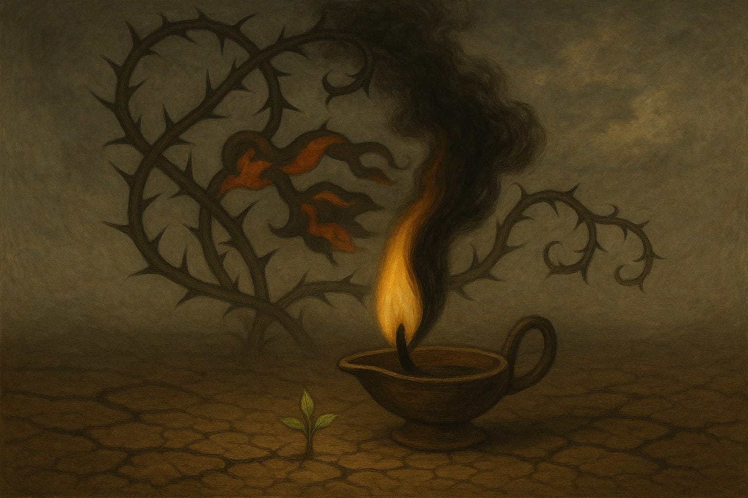 Symbolic depiction of vices, suffering, and spiritual struggle from Salok Sheikh Farid Ke, with a dying flame, thorns, and a small green sprout.