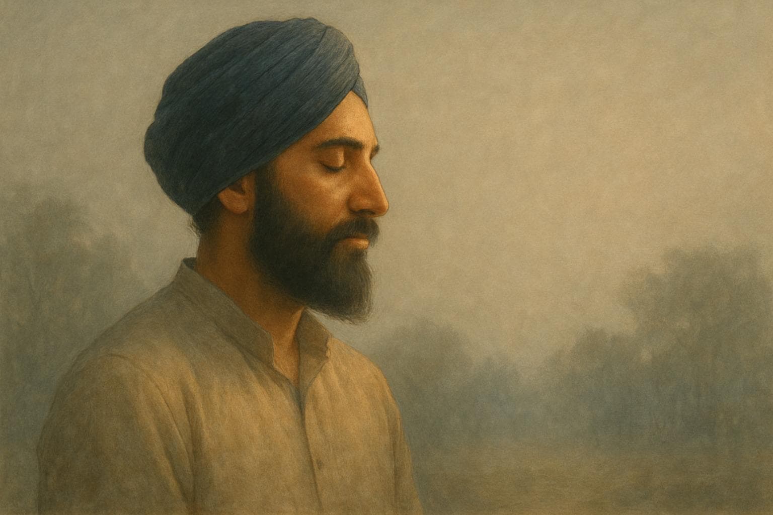 A Sikh man meditating peacefully, representing themes of Birha, the spiritual journey, resolve, and union from Sheikh Farid Ji’s Gurbani.
