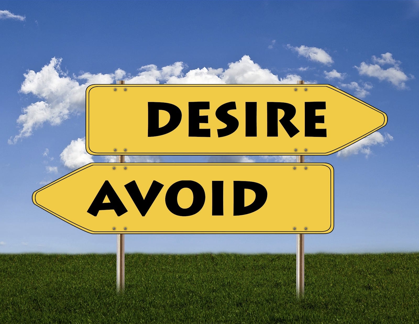 Yellow signboards reading “Desire” and “Avoid,” symbolizing conflicting expectations in relationships within the Gurbani teaching of Hukam.