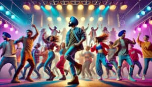 Young Sikh men and women dancing under colorful lights, symbolizing modern distractions that pull youth away from engaging with Gurbani.