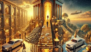 A symbolic scene showing human desires and wealth contrasted with a spiritual path, representing Guru Nanak’s teachings on Hukam in Gurbani.