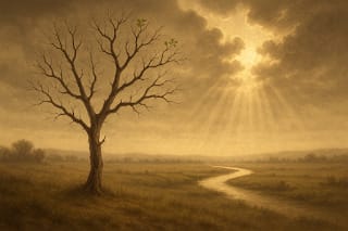 A symbolic landscape illustrating themes of youth, old age, death, and divine virtues from Salok Sheikh Farid Ke.