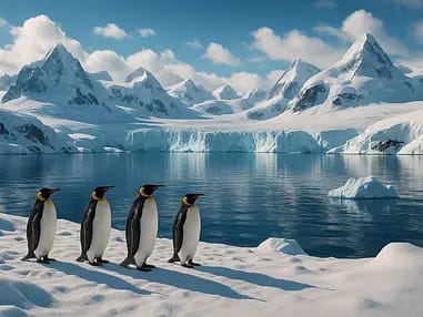 Penguins standing by an icy lake surrounded by mountains, symbolizing that observing nature helps a Sikh appreciate the Creator more deeply.